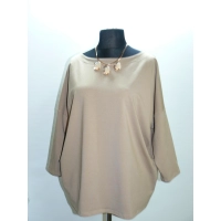 Bawełniana GRUBA BLUZA z haftem na dekolcie - beżowa